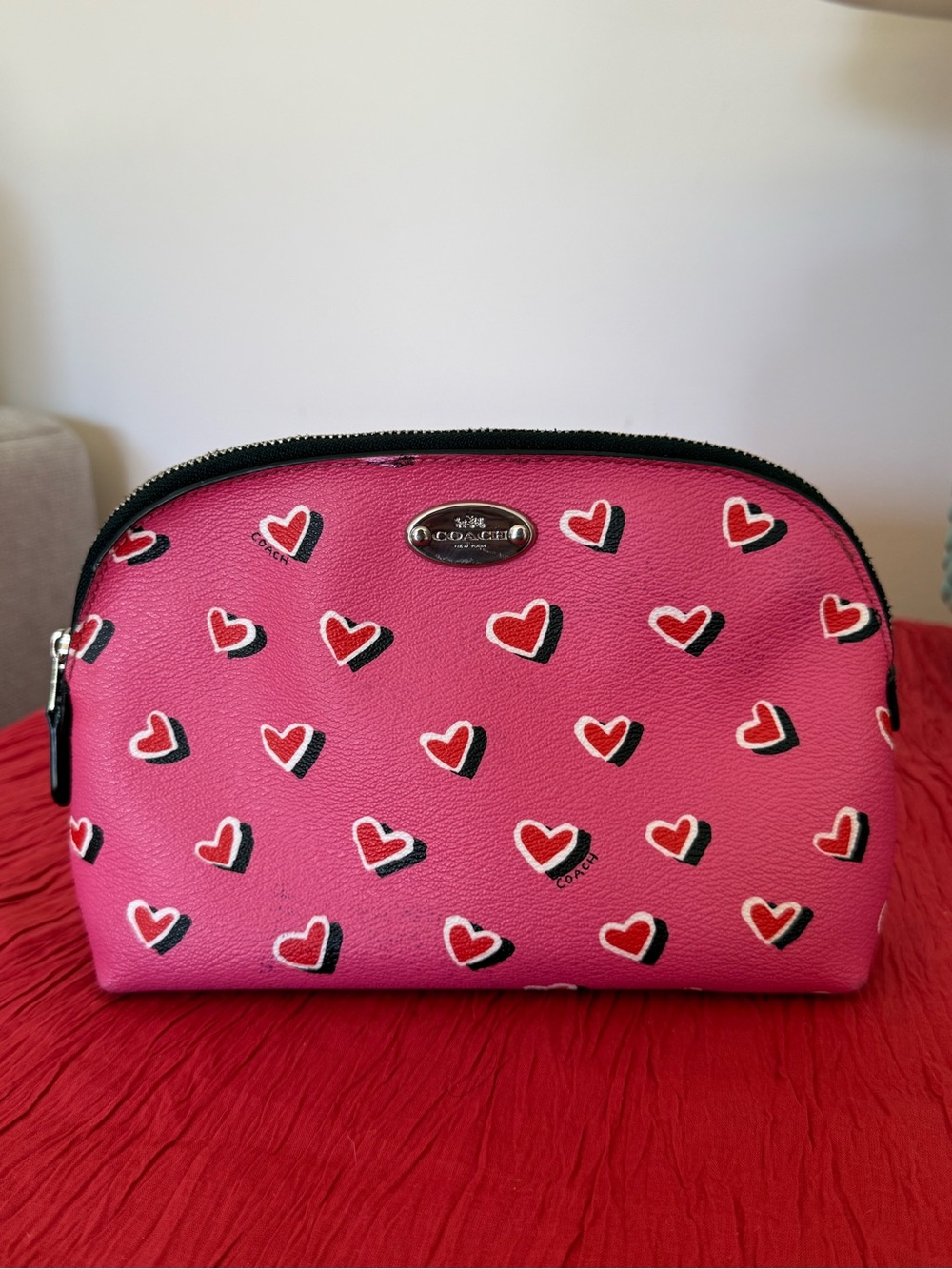 Coach Pink Heart Print Zip Cosmetic Pouch